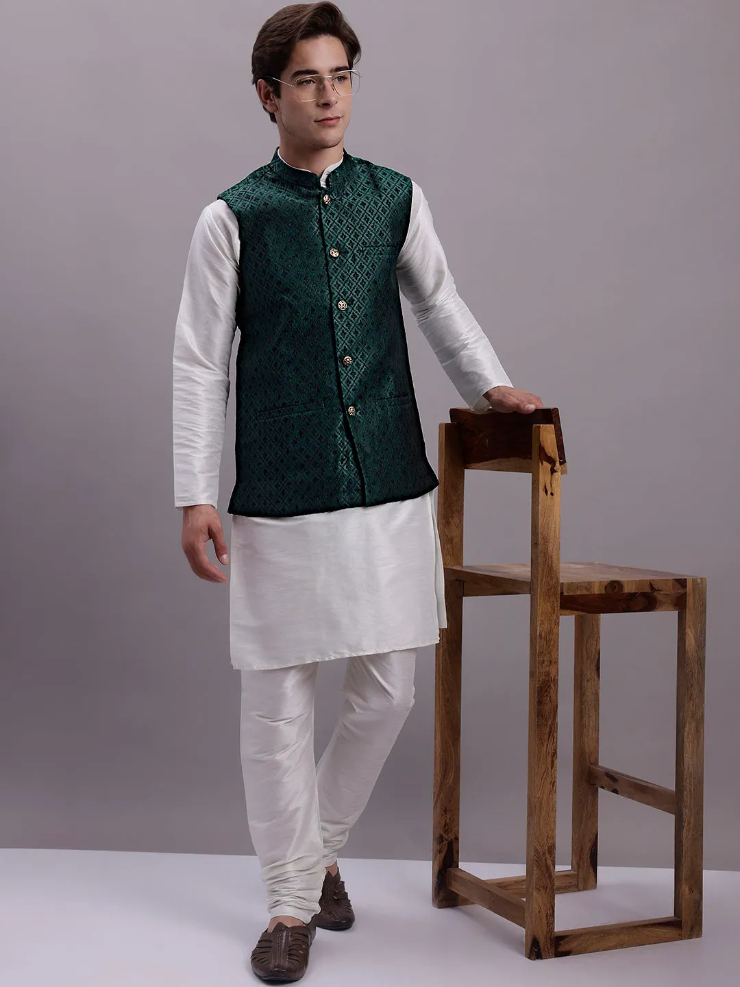 Men'S Olive Green Woven Design Nehru Jacket With Solid Kurta Pyjama.