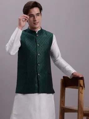 Men'S Olive Green Woven Design Nehru Jacket With Solid Kurta Pyjama.