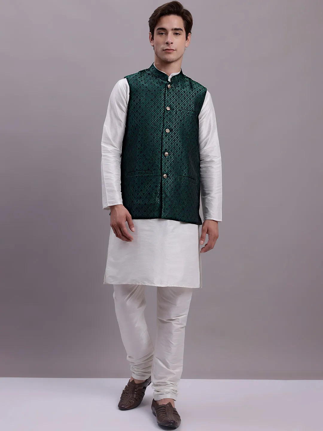 Men'S Olive Green Woven Design Nehru Jacket With Solid Kurta Pyjama.