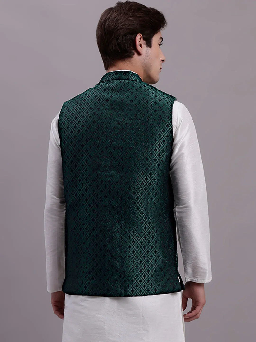 Men'S Olive Green Woven Design Nehru Jacket With Solid Kurta Pyjama.