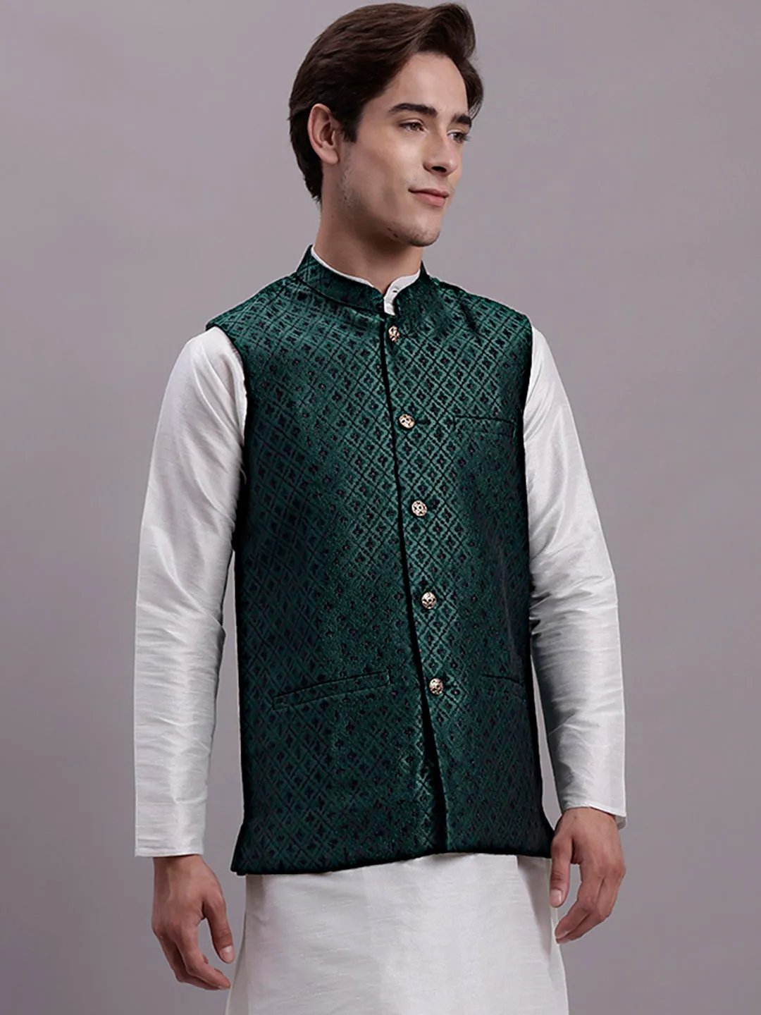 Men'S Olive Green Woven Design Nehru Jacket With Solid Kurta Pyjama.