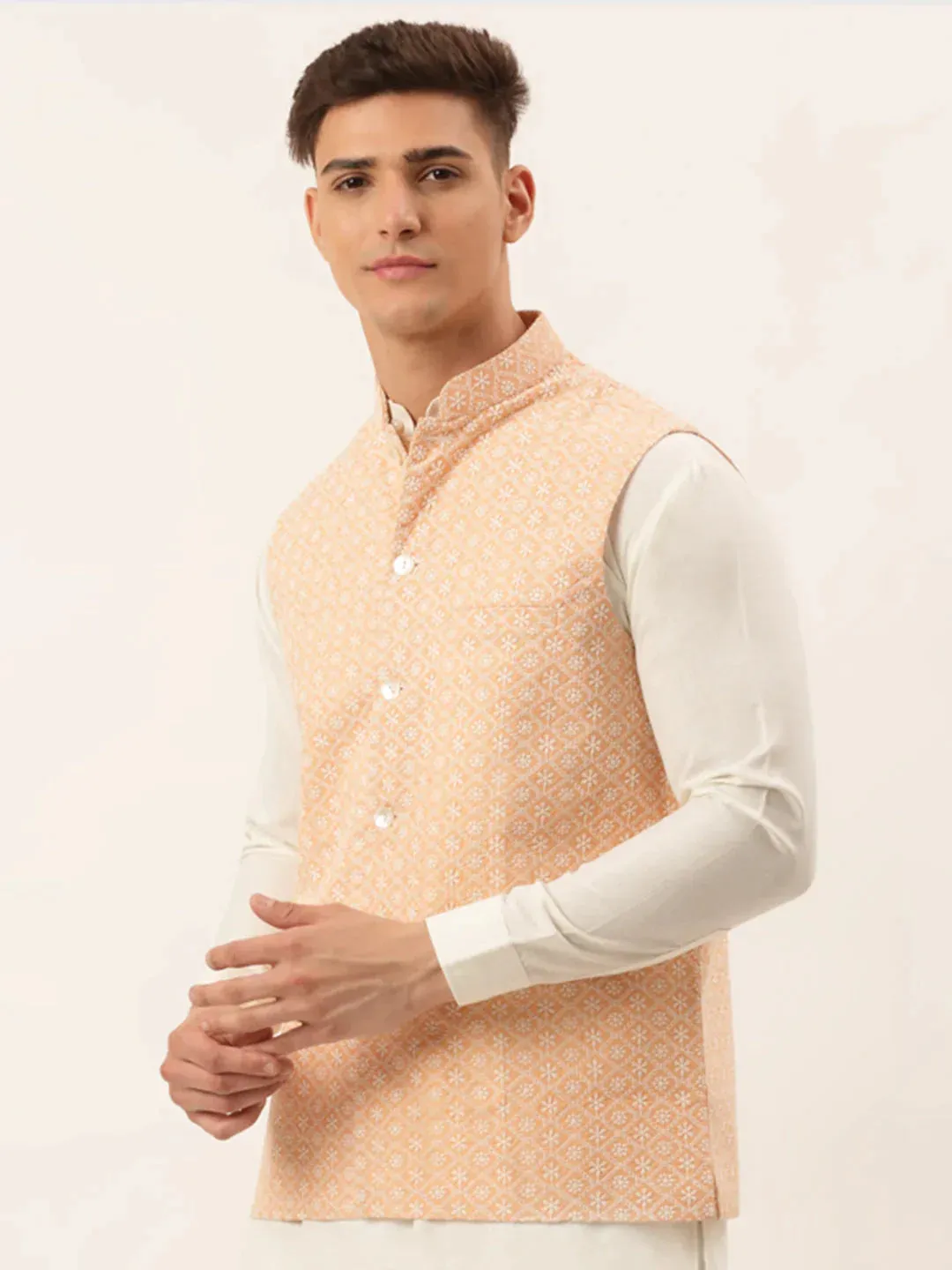 Men'S Orange Embroidered Nehru Jackets