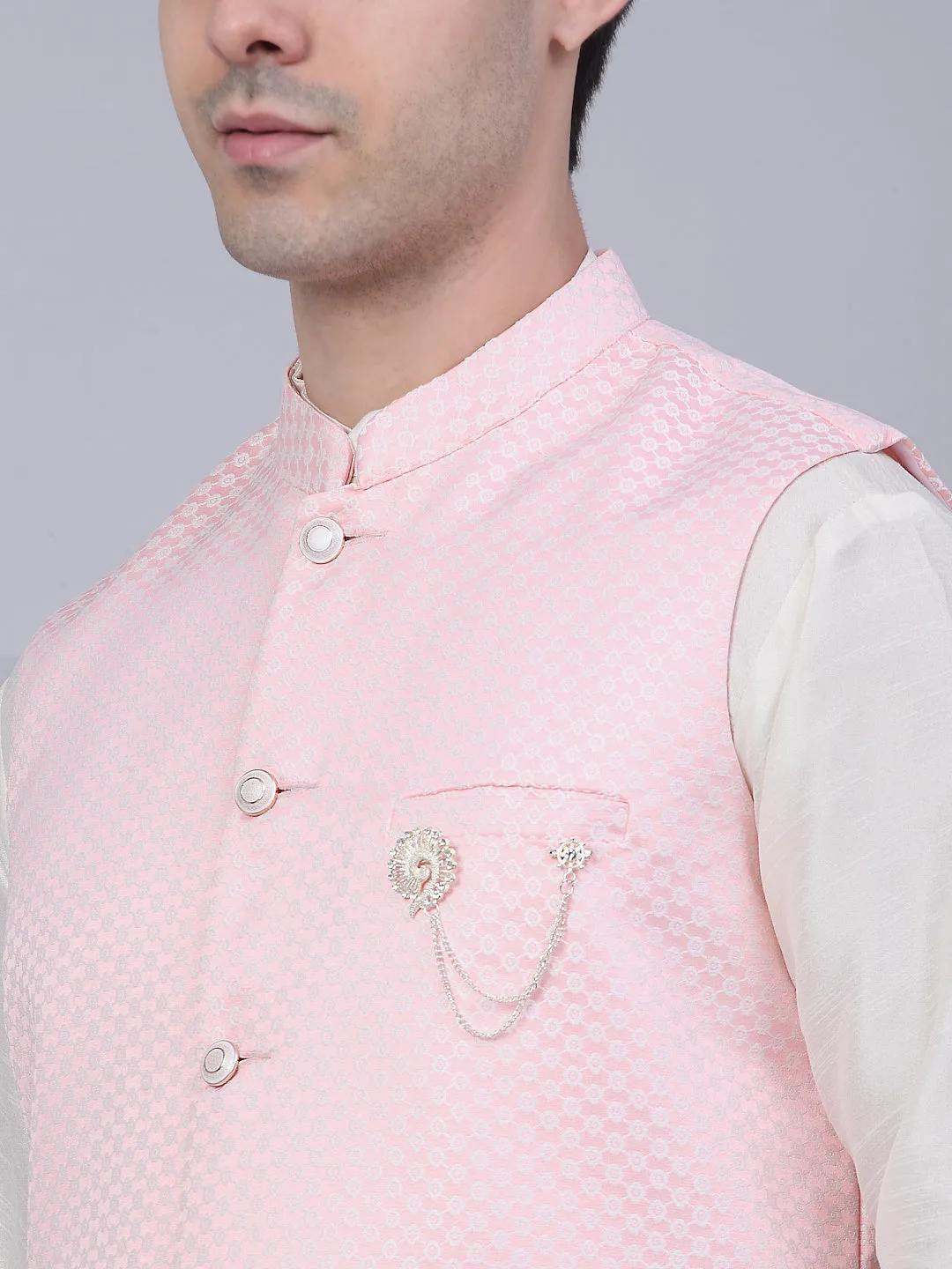 Men'S Pink Woven Design Waistcoats