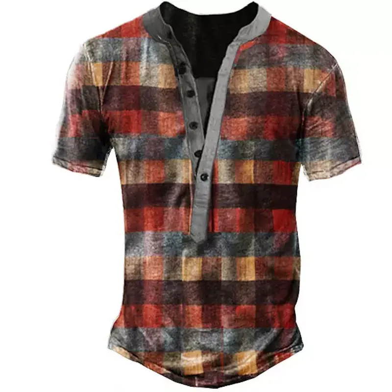 Men's Plaid Henley Short Sleeve T-Shirt