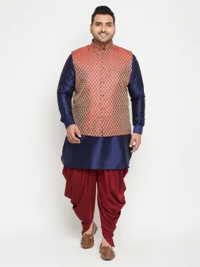 Men's Plus Navy Blue And Maroon Silk Blend Sherwani Set - Vastramay