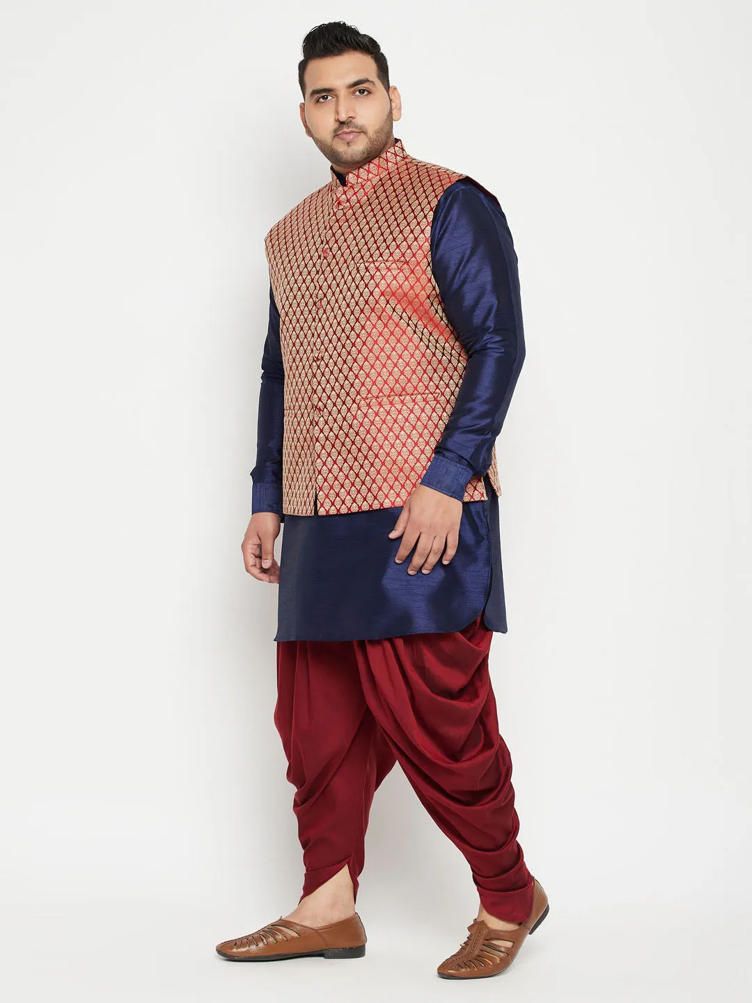 Men's Plus Navy Blue And Maroon Silk Blend Sherwani Set - Vastramay