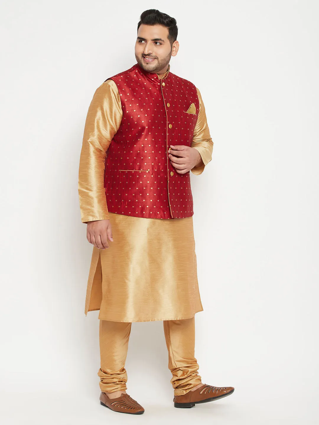 Men's Plus Rose Gold, Maroon And White Silk Blend Jacket Kurta Pyjama Set - Vastramay