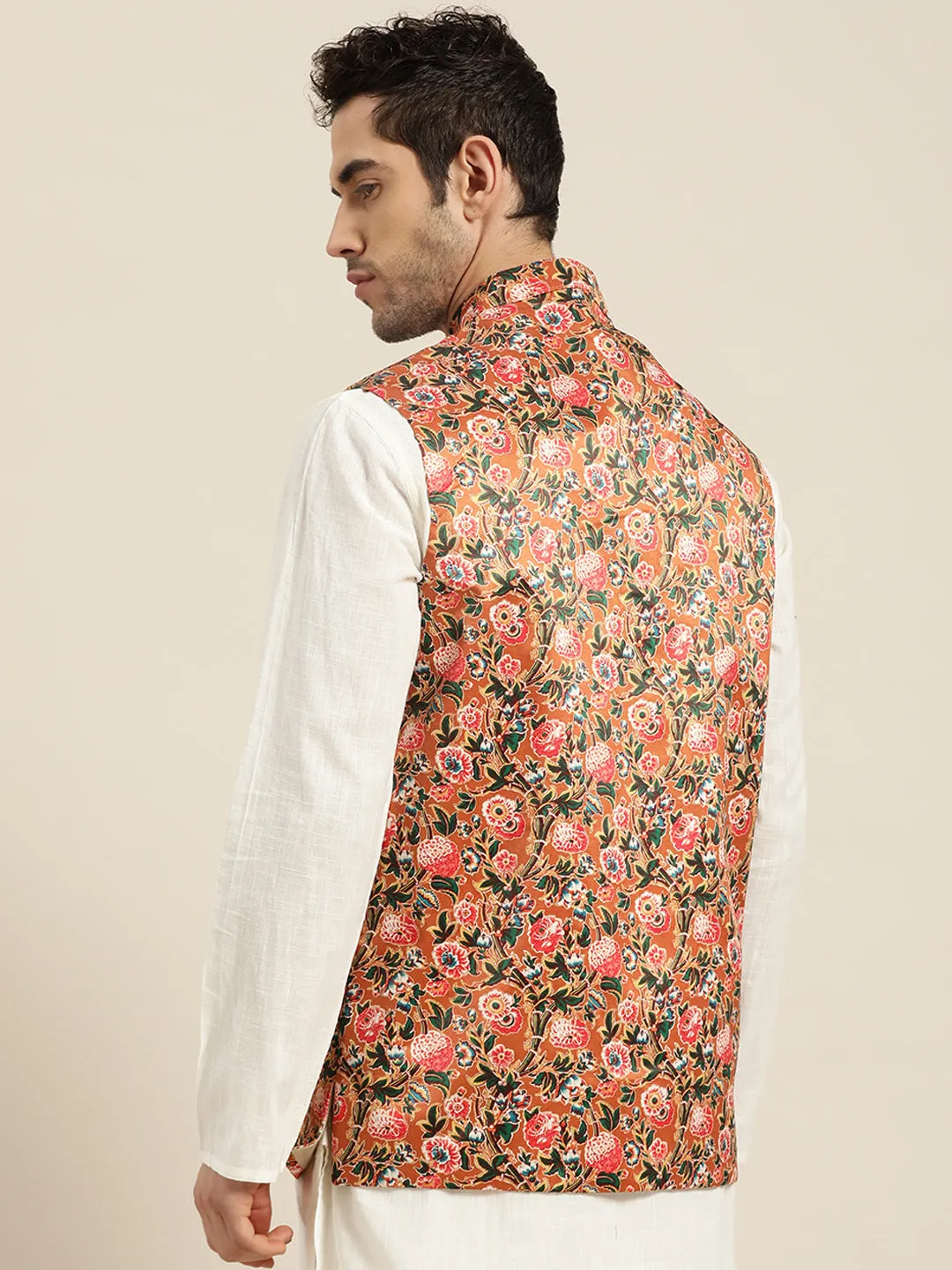 Men's Silk Blend Tan Printed ONLY Nehru Jacket - Sojanya