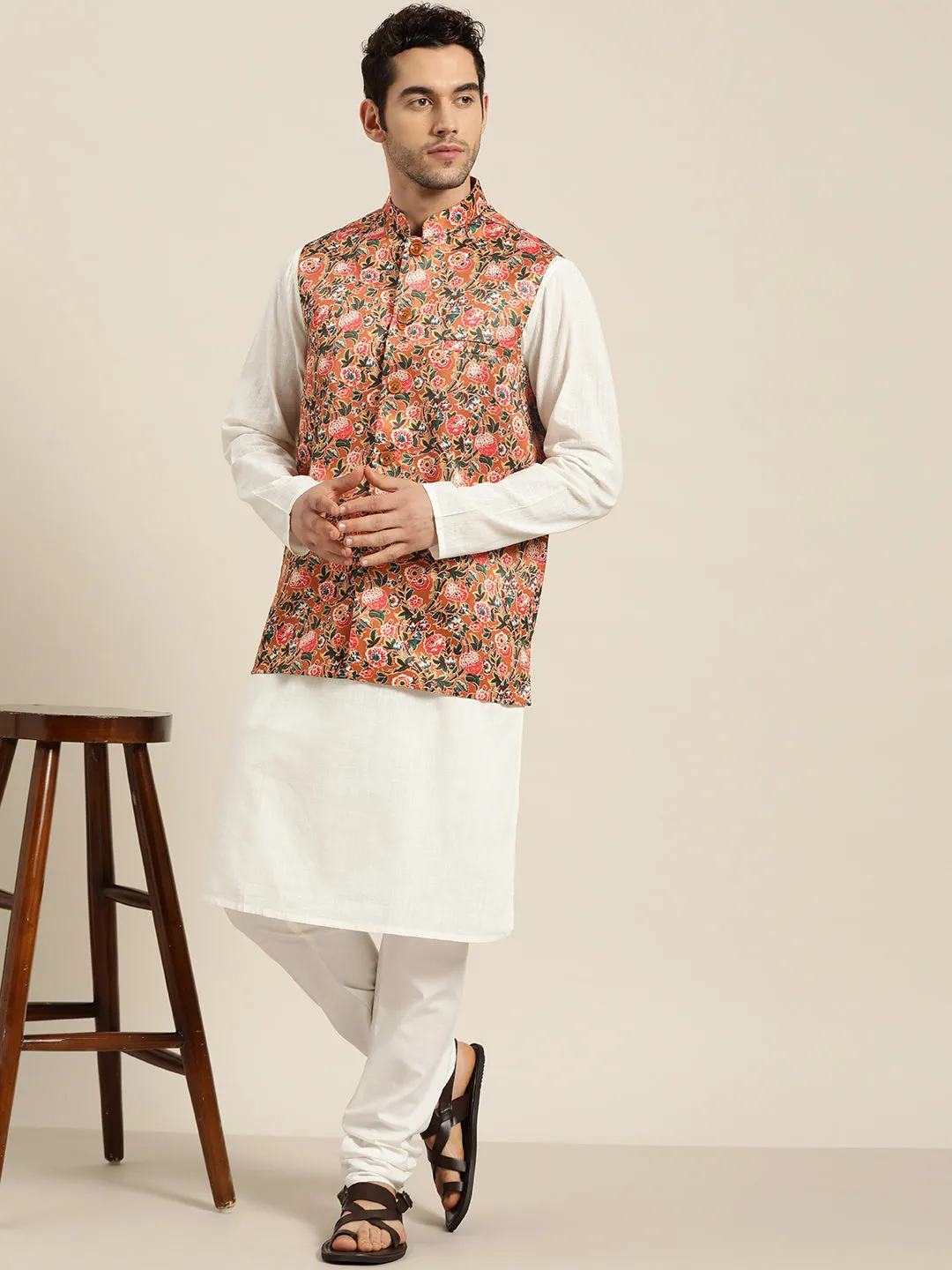 Men's Silk Blend Tan Printed ONLY Nehru Jacket - Sojanya