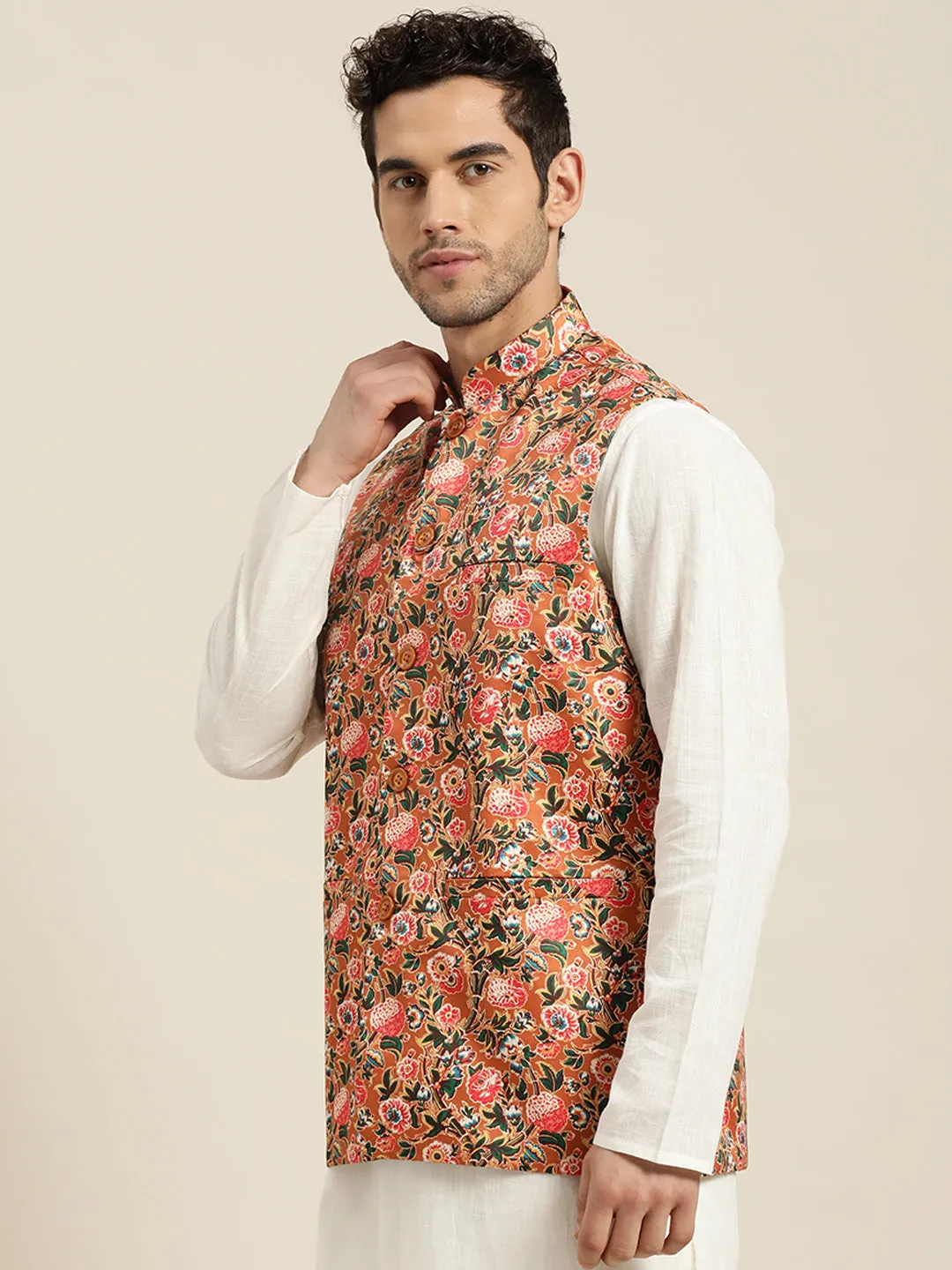 Men's Silk Blend Tan Printed ONLY Nehru Jacket - Sojanya