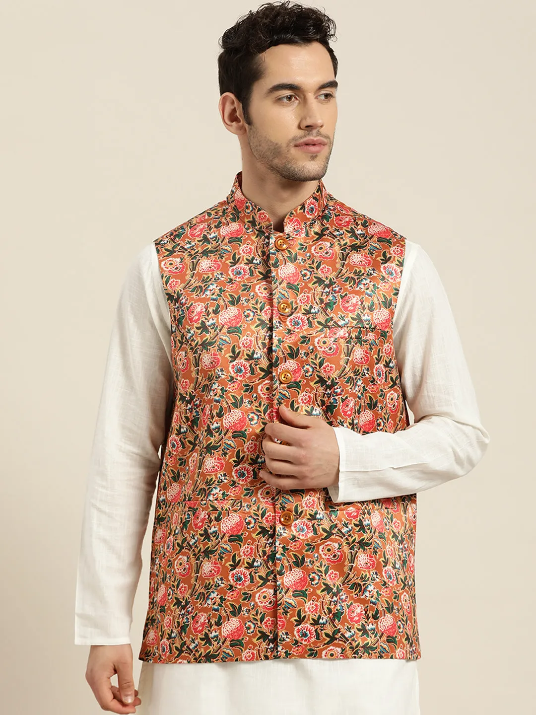 Men's Silk Blend Tan Printed ONLY Nehru Jacket - Sojanya