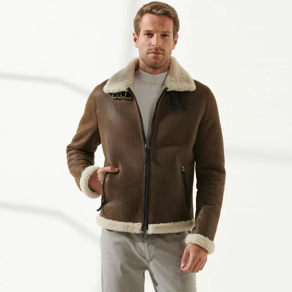 Men's Tan & Off-White Aviator Shearling Jacket