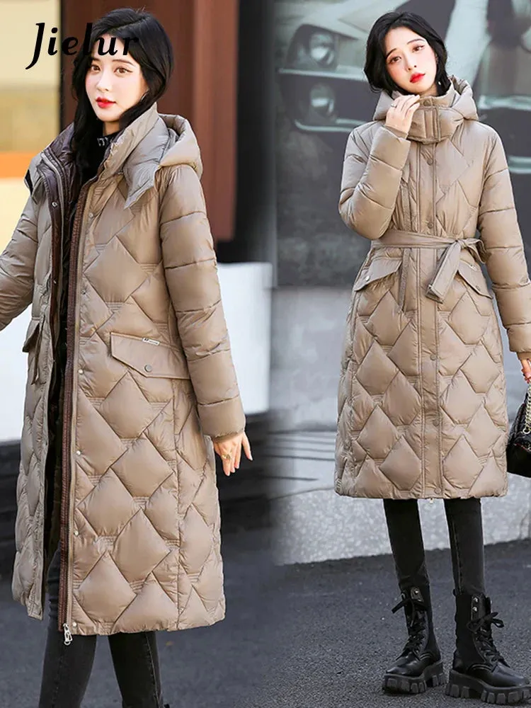 Metaversmall Bright Cotton Jackets for Women Winter Korean Parkas Female Fashion Mid Long Slim Warm White Cofee Khaki Coat Female