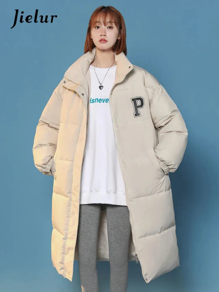 Metaversmall Casual P Letter Print Cotton Jackets Women Bread Coat Female Korean Parkas Loose Brown White Jacket Woman Medium Length