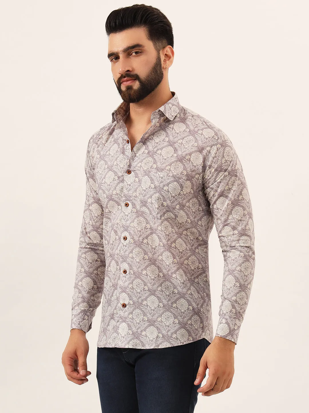 MILLENNIAL MEN Lavender Geometric Pure Cotton Regular Fit Casual Full Sleeve