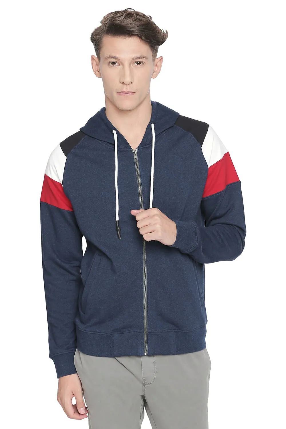 Muscle Fit Color Block Hooded Knit Jacket