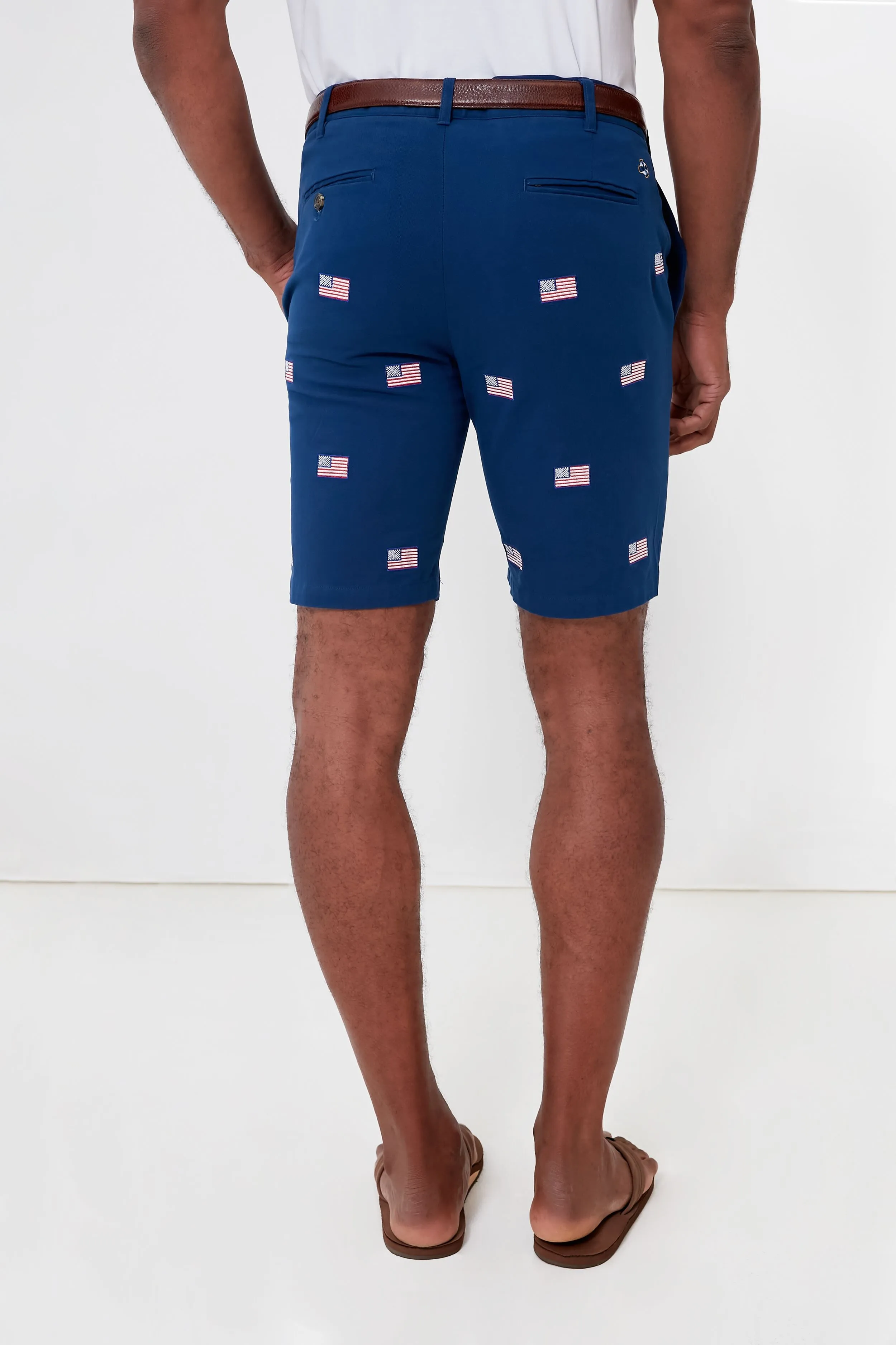 Navy American Flag Embroidered Stretch Twill Cisco Shorts