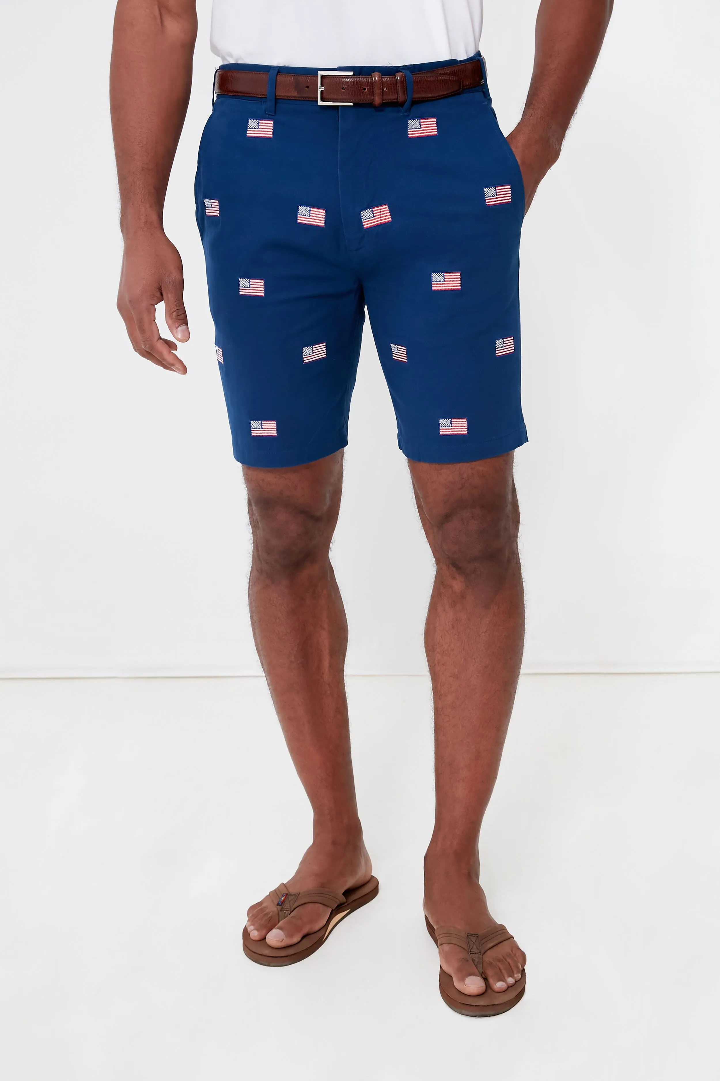 Navy American Flag Embroidered Stretch Twill Cisco Shorts