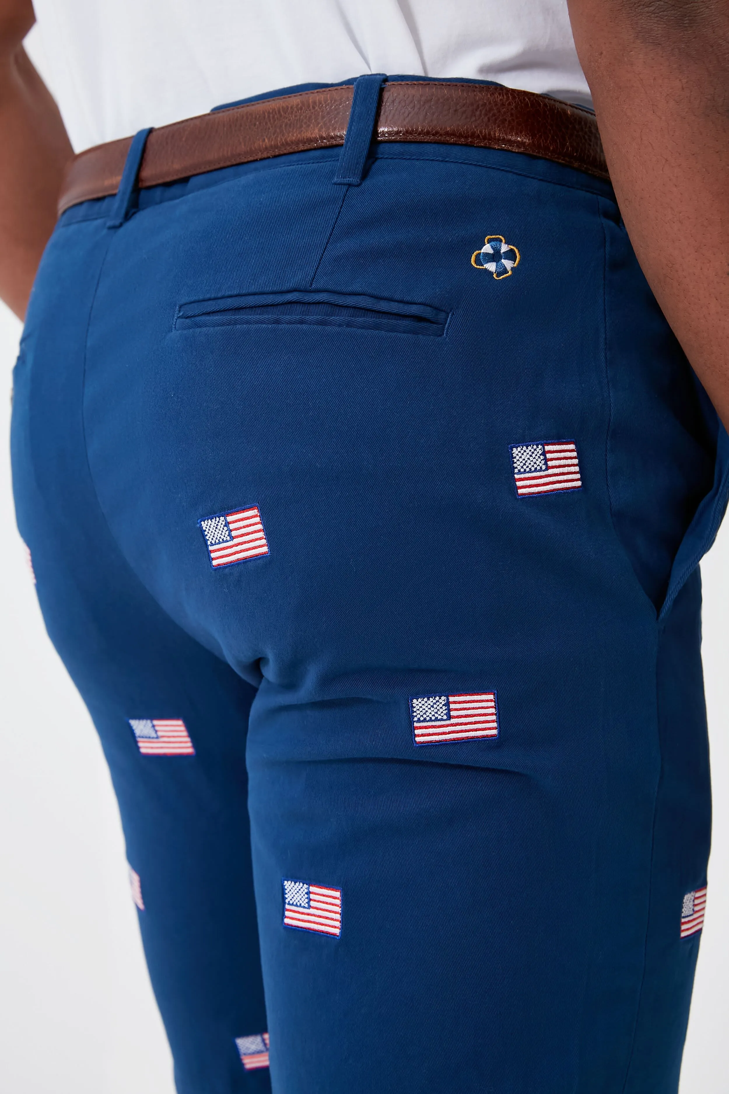 Navy American Flag Embroidered Stretch Twill Cisco Shorts