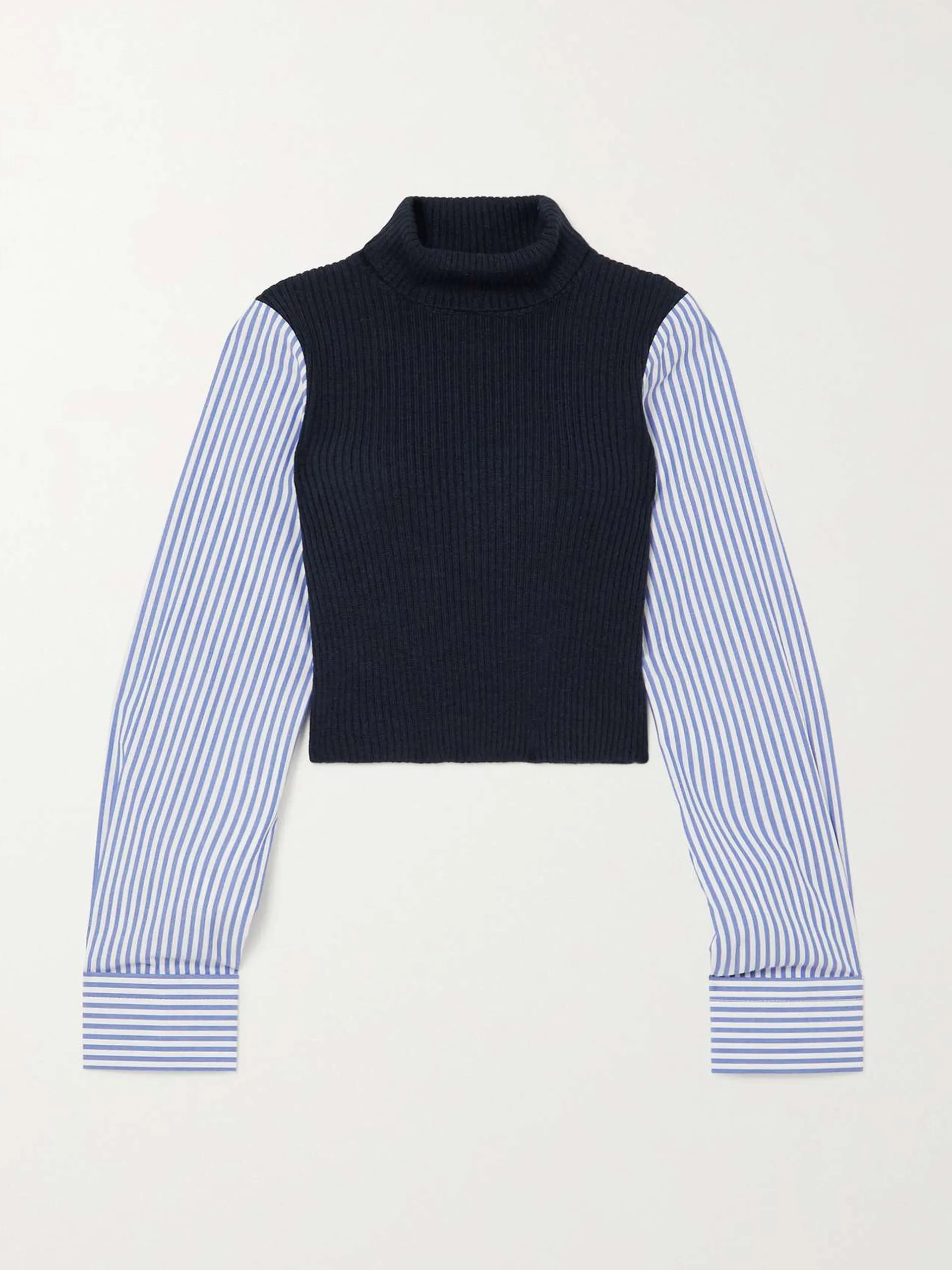 Navy ribbed wool and striped poplin top