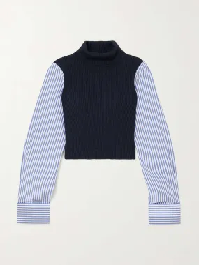 Navy ribbed wool and striped poplin top