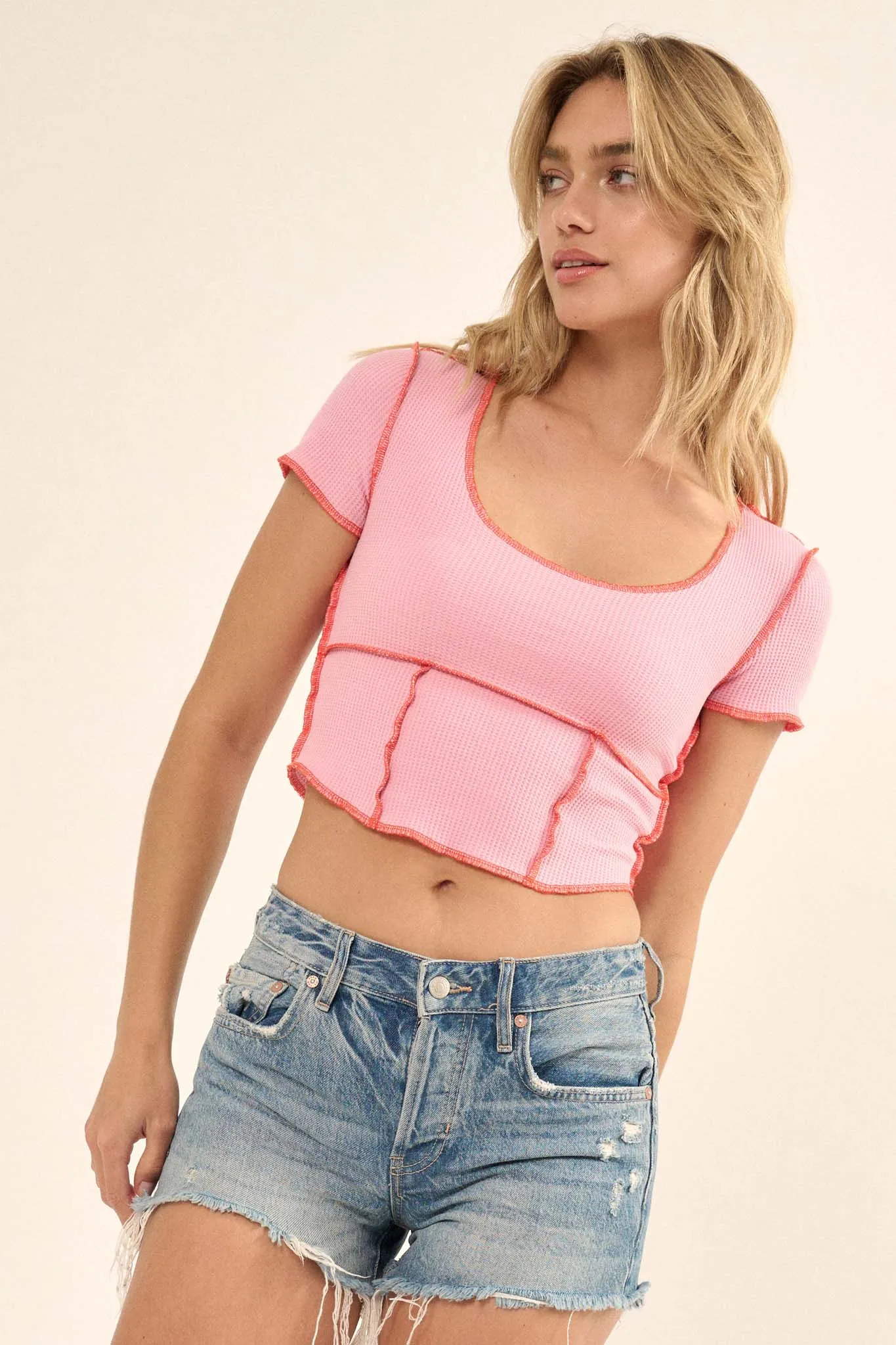 Never Say Never Cropped Exposed-Seam Waffle Tee