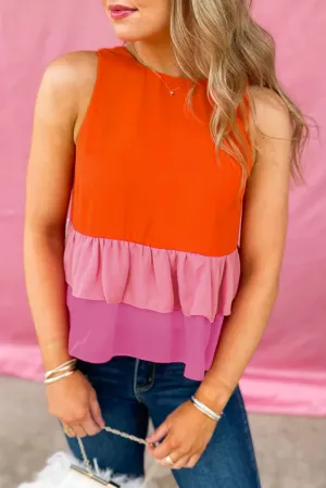 Orange Colorblock Layered Ruffle Sleeveless Blouse