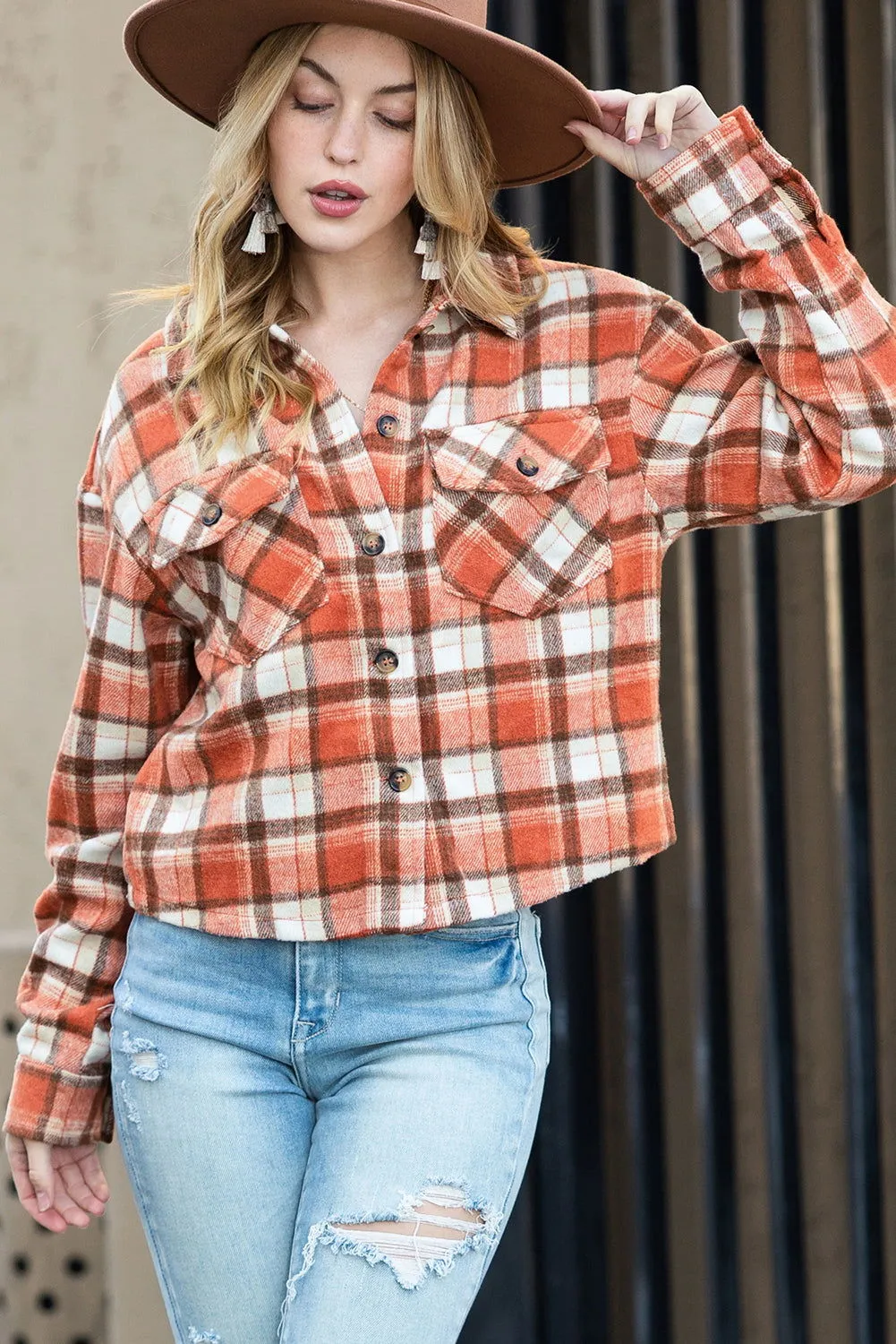 Orange Plaid Button-Up Flap Pocket Cropped Jacket