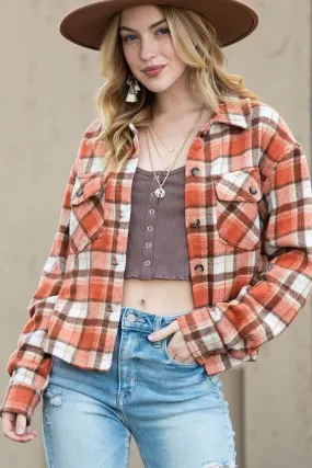 Orange Plaid Button-Up Flap Pocket Cropped Jacket