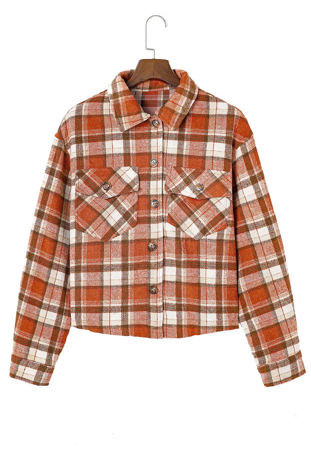 Orange Plaid Button-Up Flap Pocket Cropped Jacket