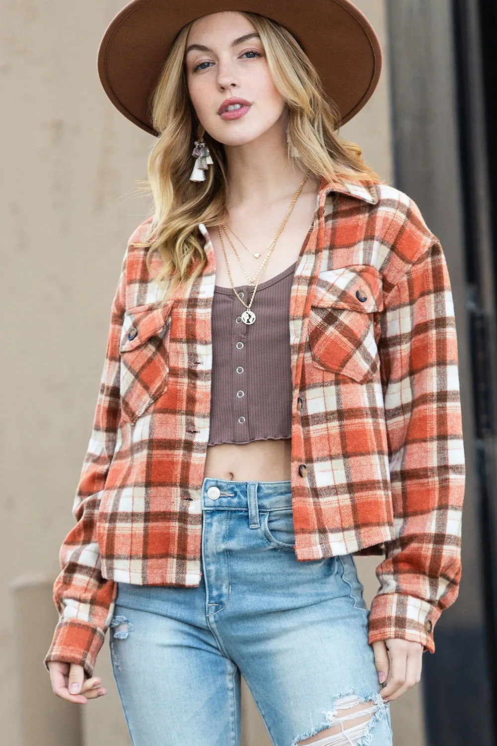 Orange Plaid Button-Up Flap Pocket Cropped Jacket