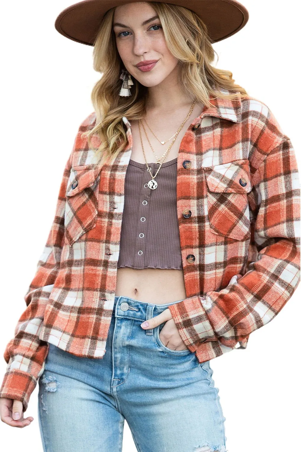 Orange Plaid Button-Up Flap Pocket Cropped Jacket