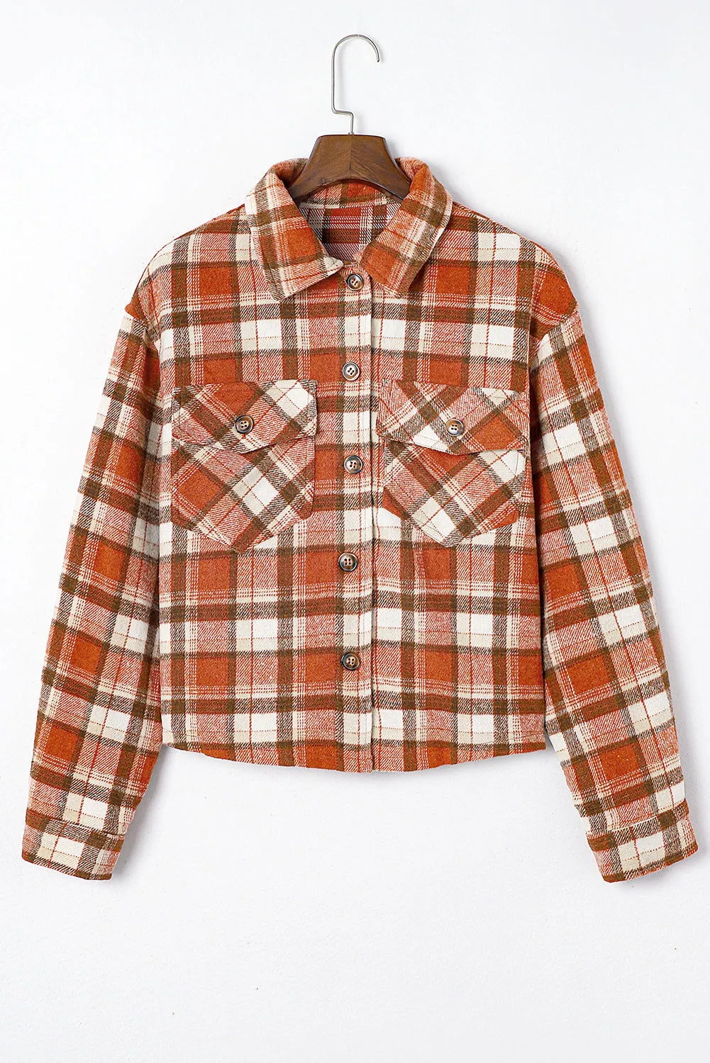 Orange Plaid Button-Up Flap Pocket Cropped Jacket