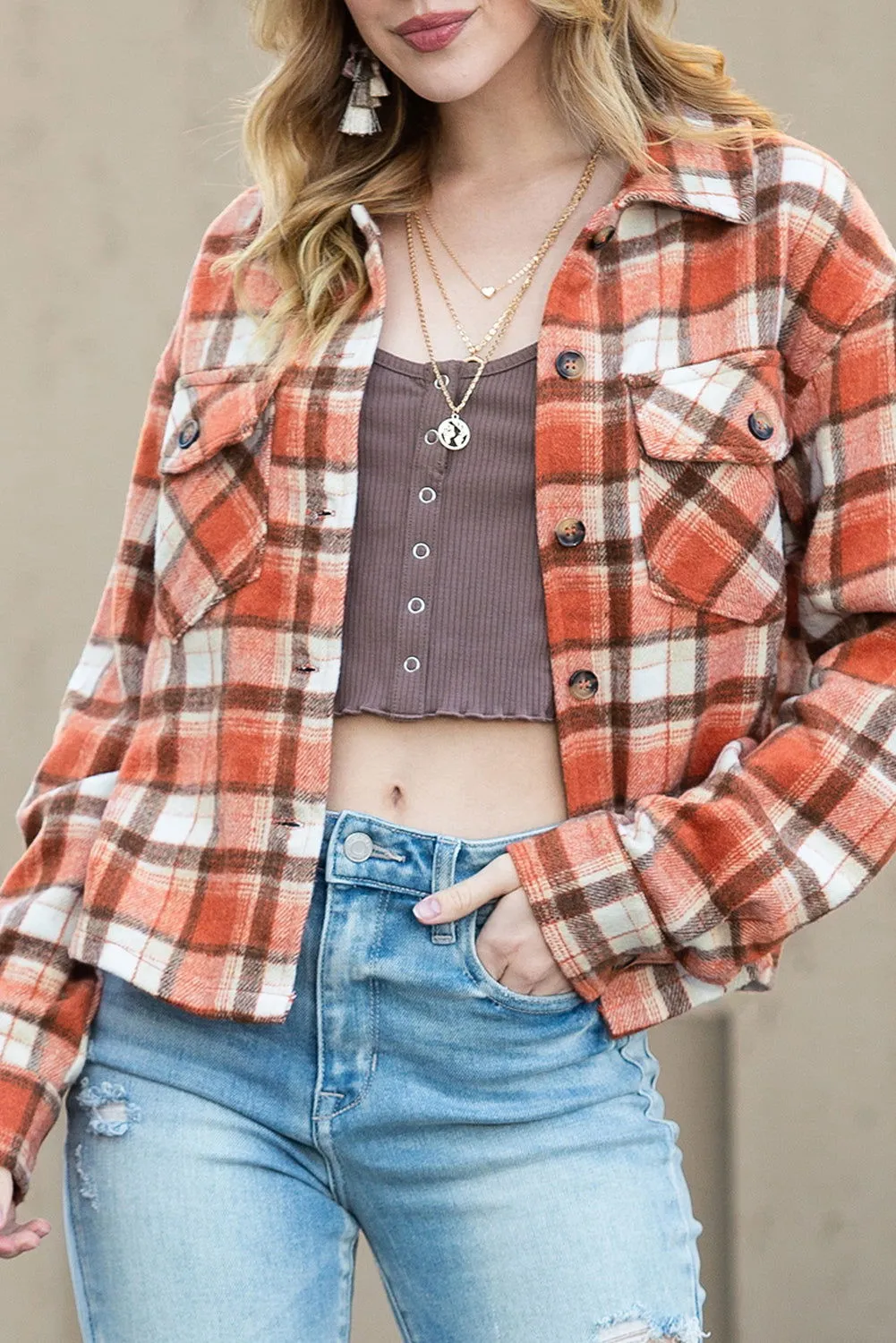 Orange Plaid Button-Up Flap Pocket Cropped Jacket