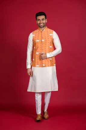 Orange Printed Koti Kurta Set in Silk