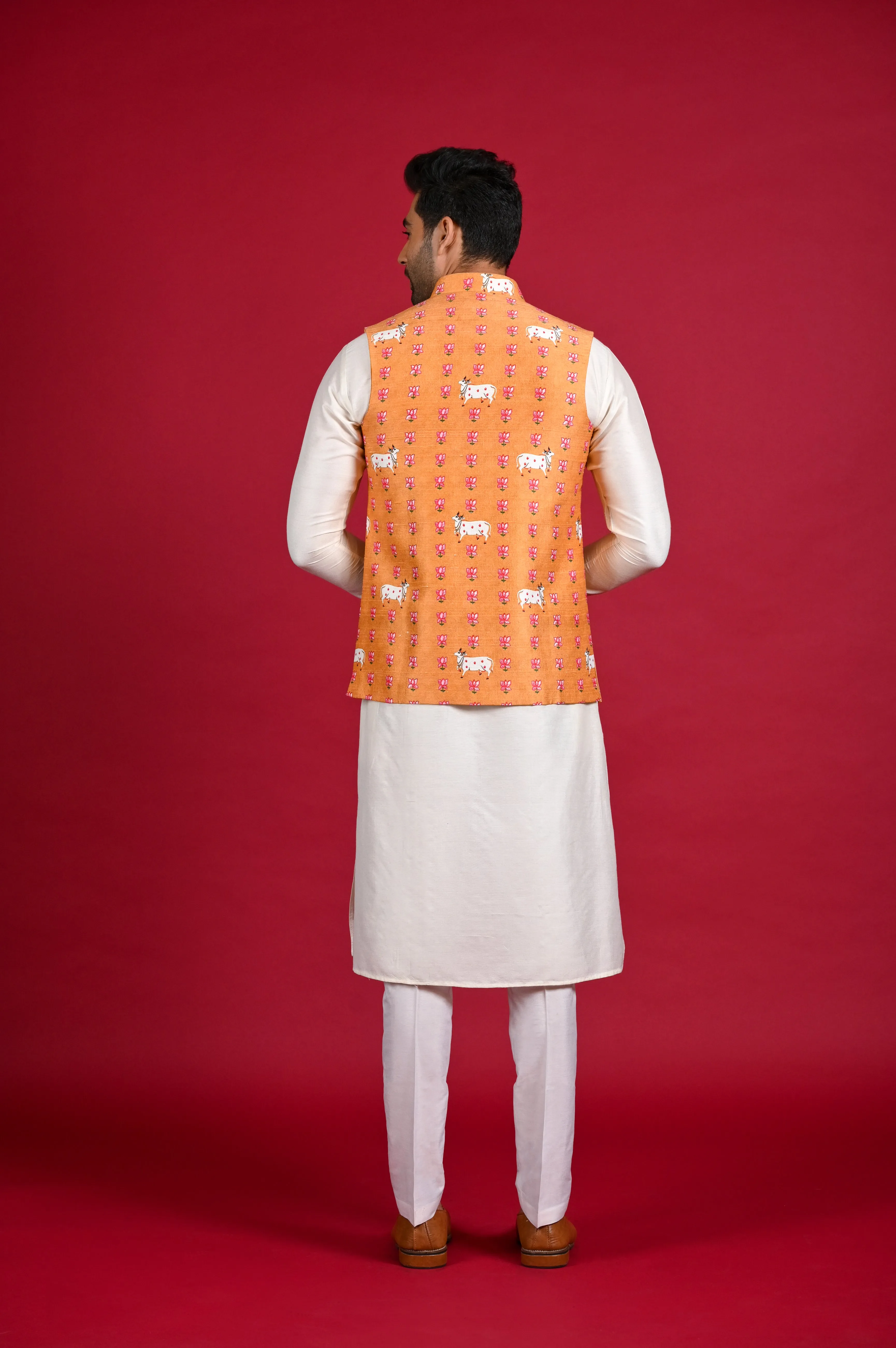 Orange Printed Koti Kurta Set in Silk