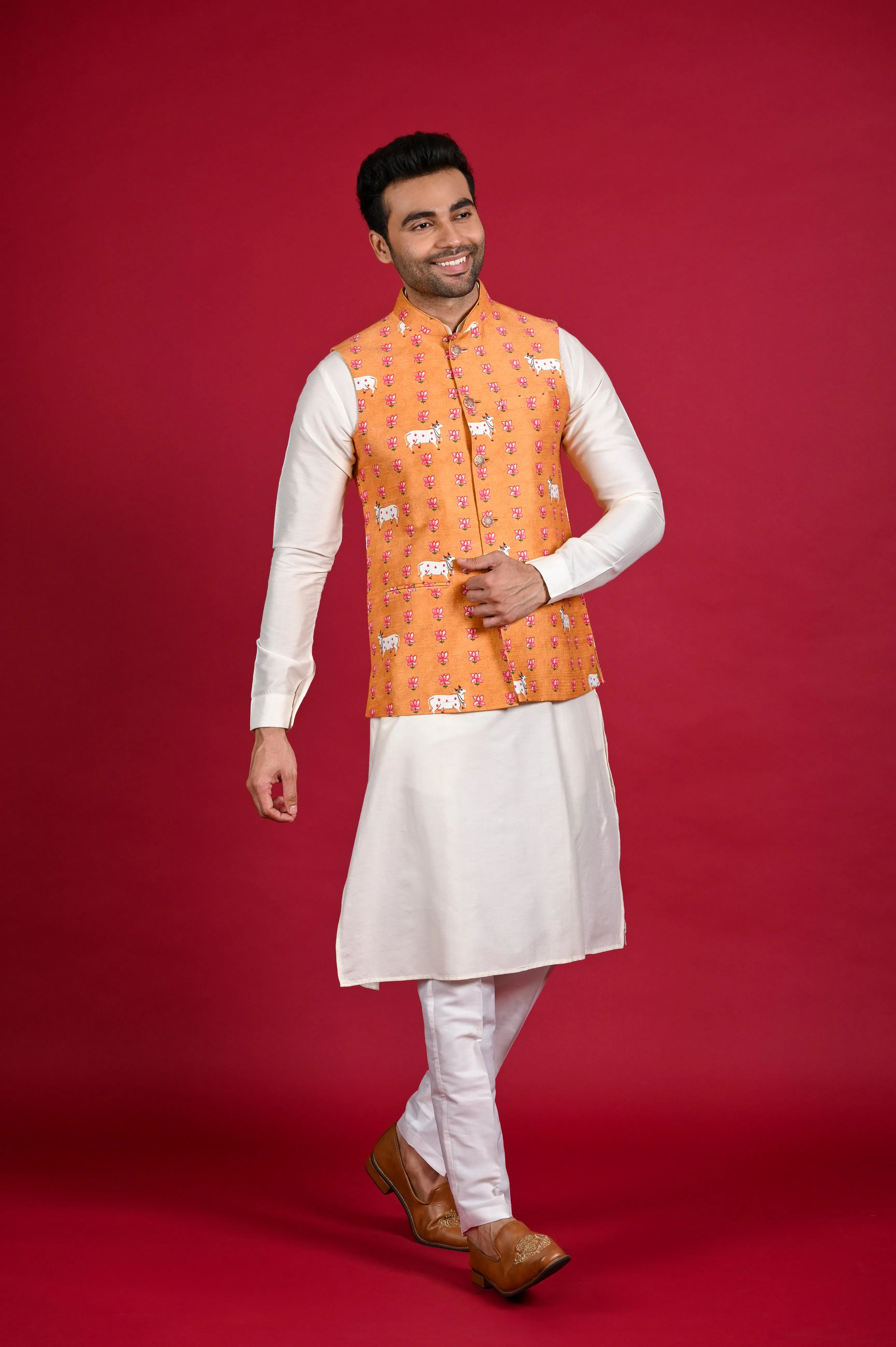 Orange Printed Koti Kurta Set in Silk