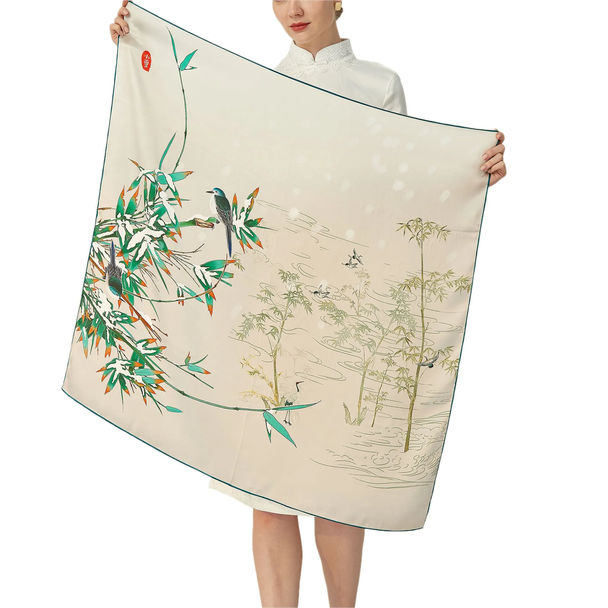 Oscar Rossa 100% Mulberry Silk Scarf with Hand-Rolled Edges, approximate 34"x34" to 35"x35" Large Square Printed Silk Charmeuse Scarf