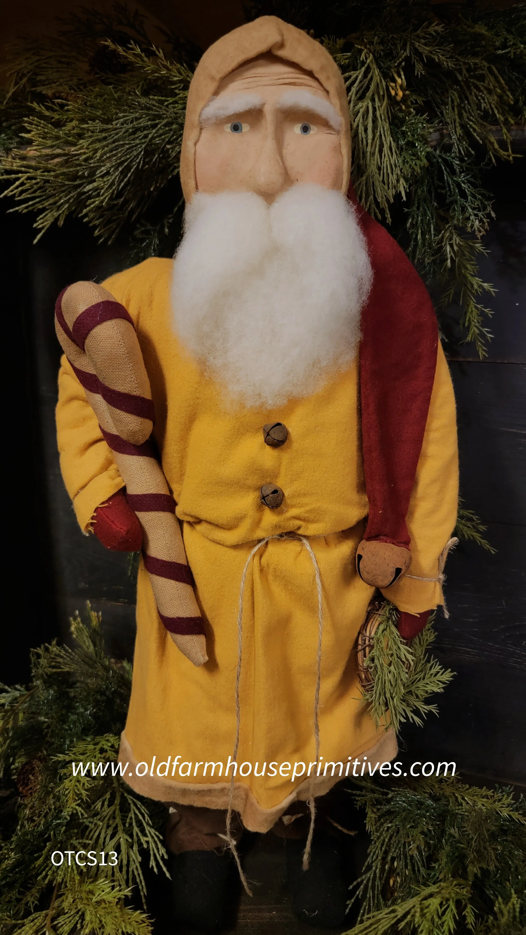 #OTCS13 Primitive Santa 🎅 Wearing Mustard Coat Holding "Candy Cane And Wreath" (Made In USA)  ★IN STOCK★