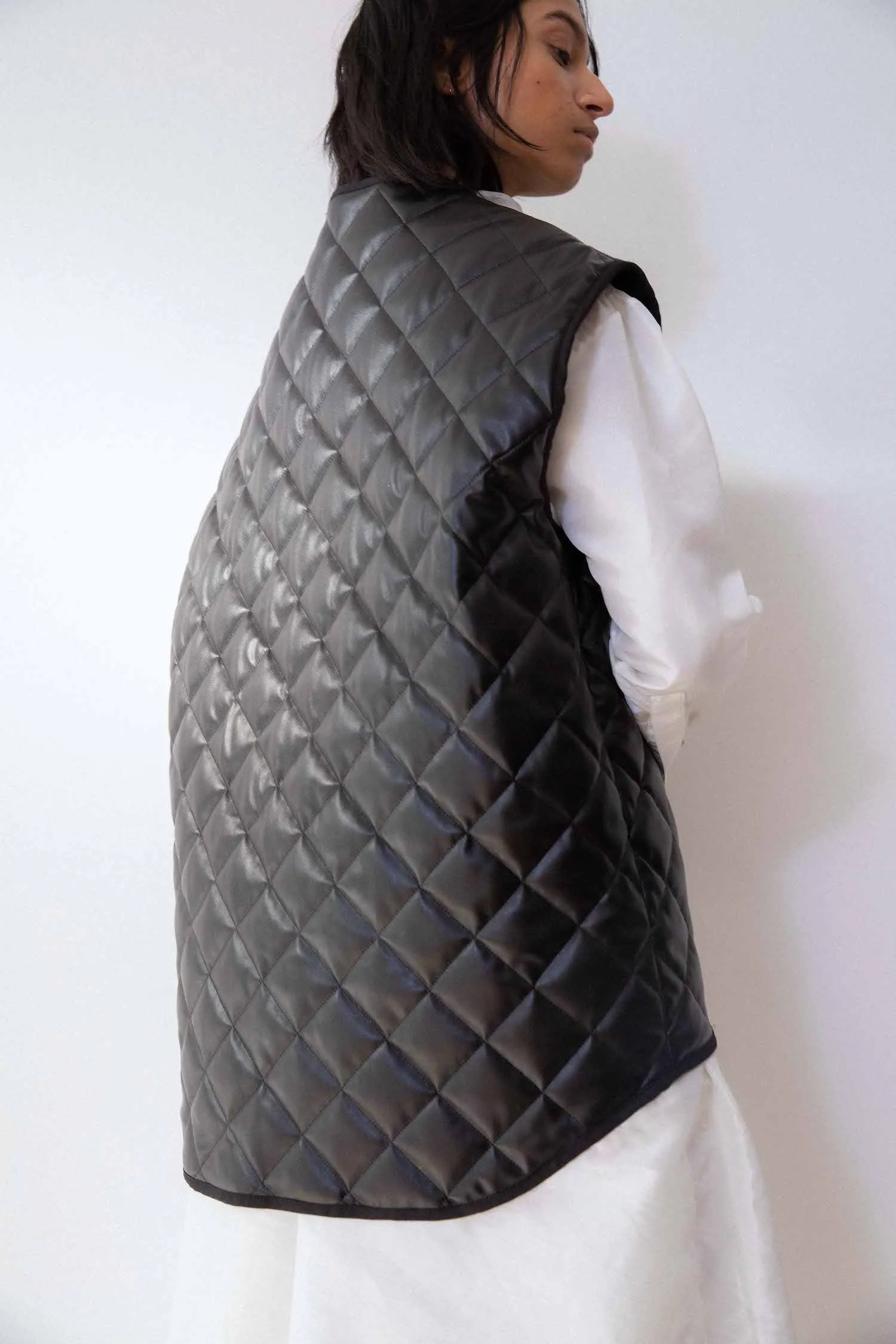 Oversized Quilted Vest - Faux Leather