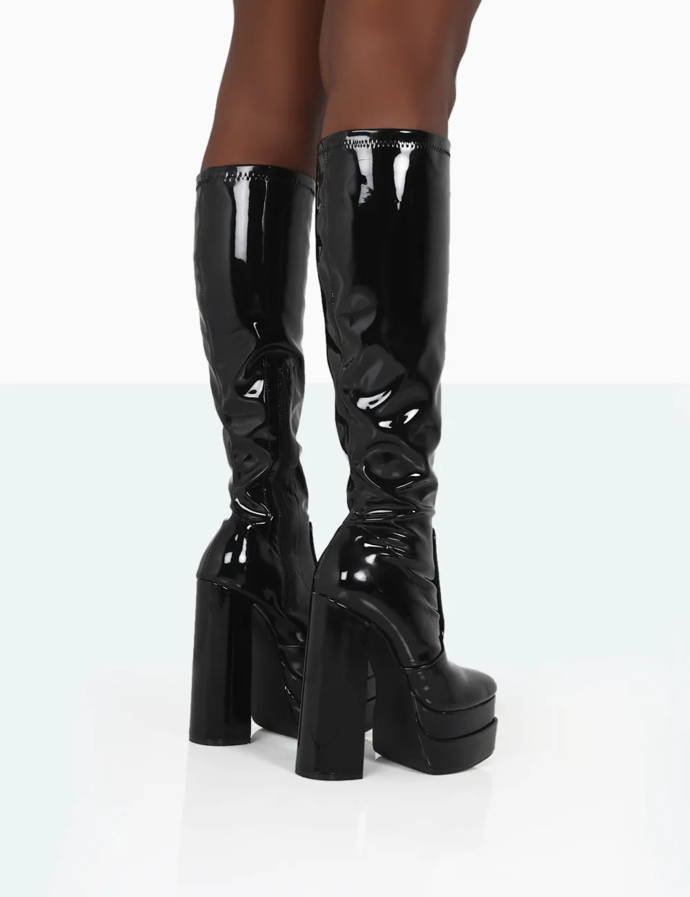 Passive Black Square Toe Platform Block High Heel Over The Knee Boots