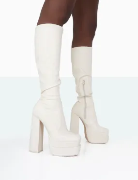 Passive Ecru PU Square Toe Platform Block Heel Over The Knee Boots