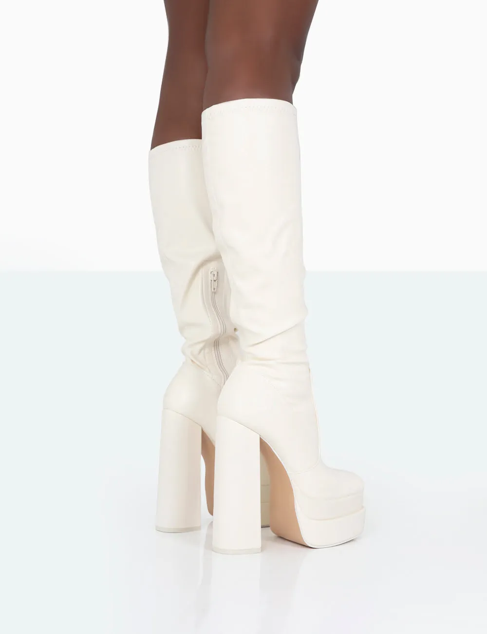 Passive Ecru PU Square Toe Platform Block Heel Over The Knee Boots