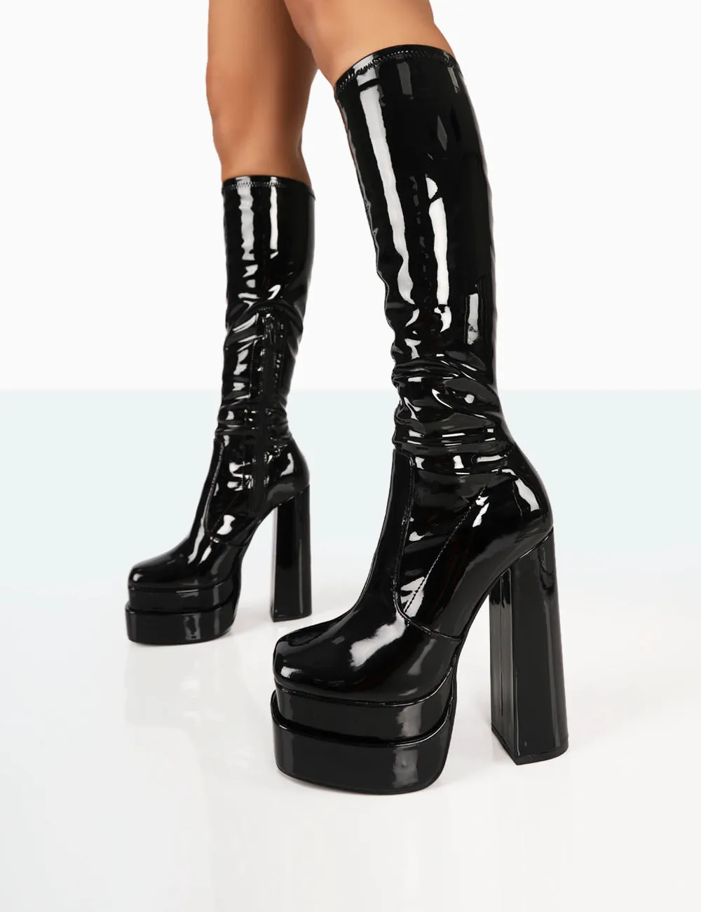 Passive Wide Fit Black Platform Block High Heel Over the Knee Boots