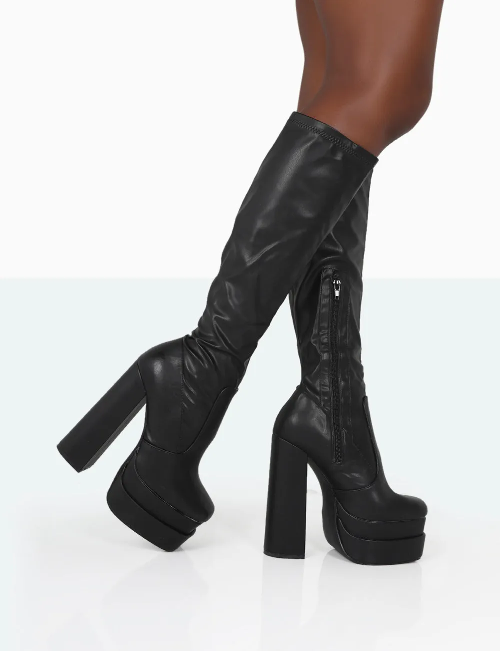 Passive Wide Fit Black Pu Platform Block High Heel Over the Knee Boots