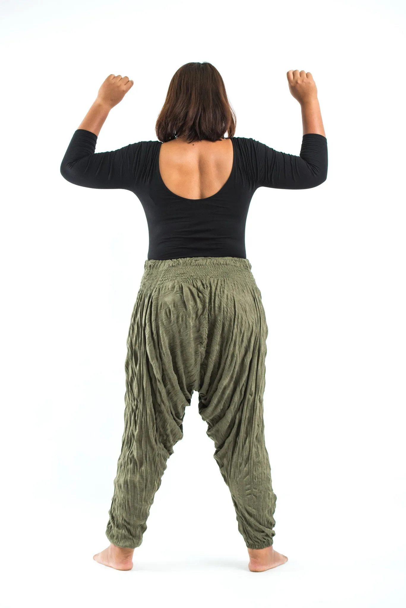 Plus Size Unisex Crinkled Cotton Harem Pants in Green