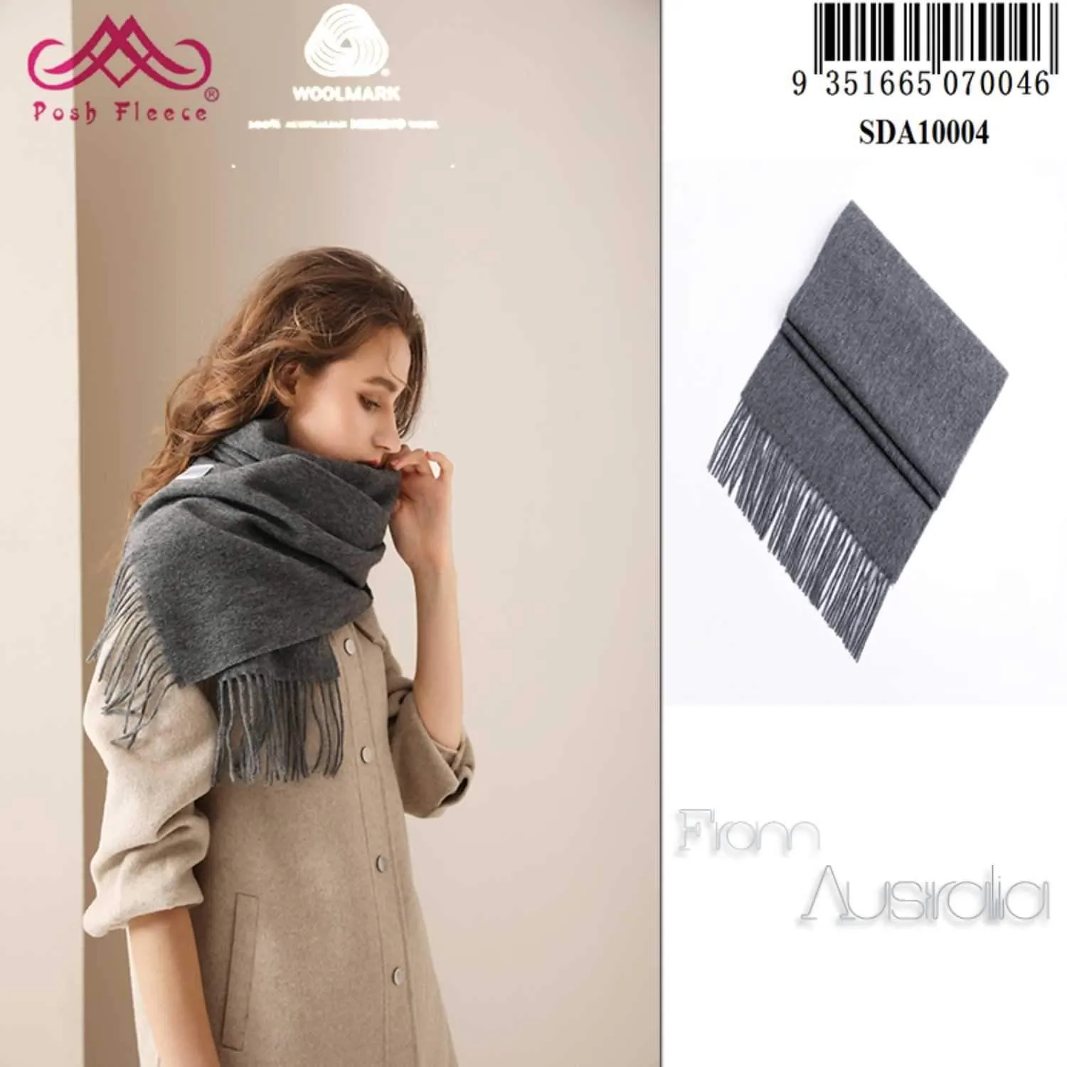 POSH FLEECE Pure Wool Scarf with Fringe Grey