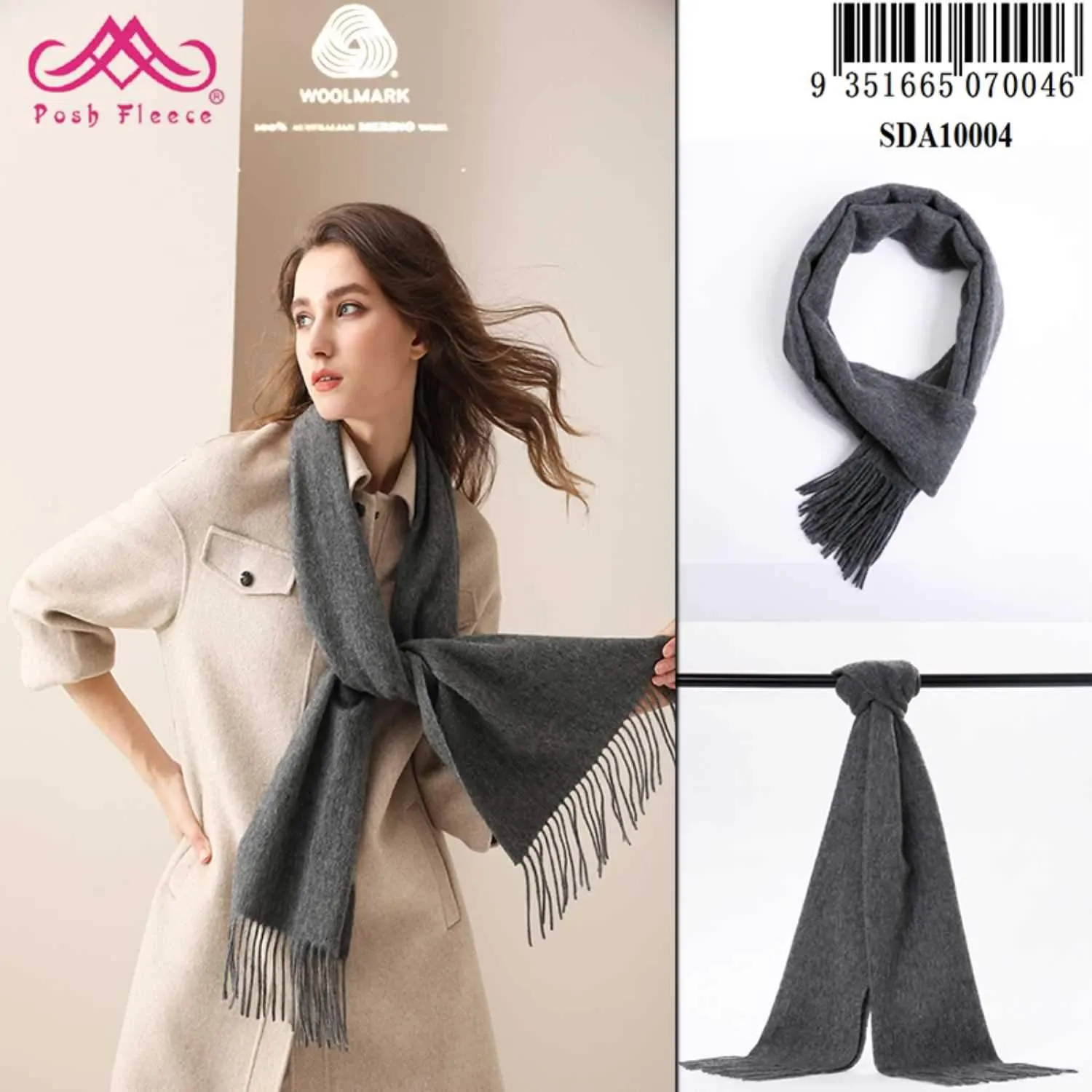 POSH FLEECE Pure Wool Scarf with Fringe Grey