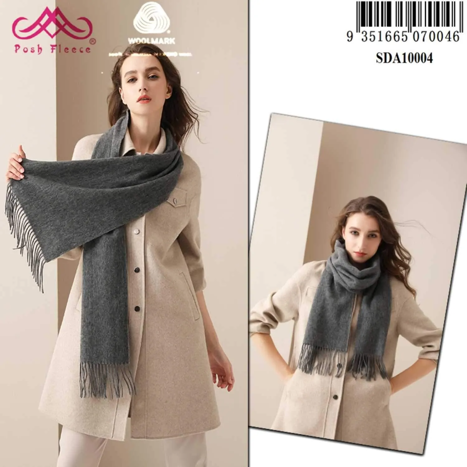 POSH FLEECE Pure Wool Scarf with Fringe Grey