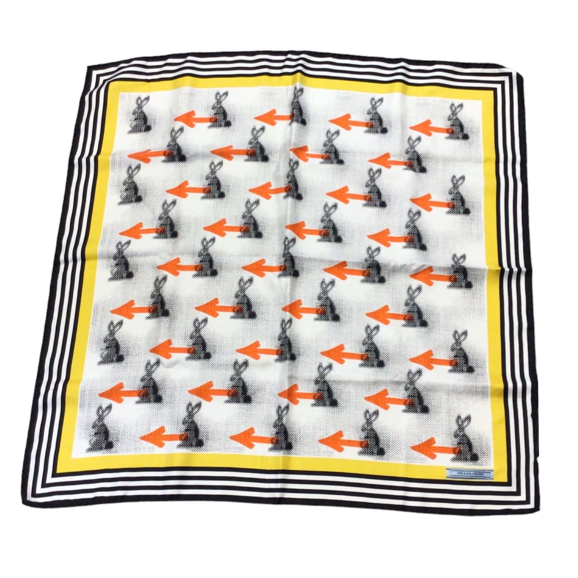 Prada White / Yellow / Orange / Black 2015 Bunny Arrow Print Square Silk Scarf